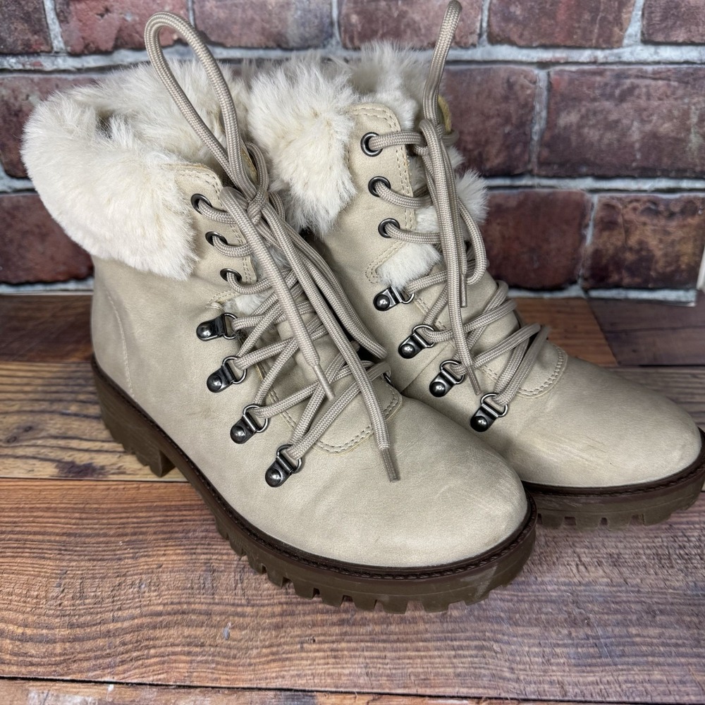 Union Bay Womens Sz 10 Ankle Bootie Winter Boots Suede Faux Fur Lace Up Kingston